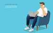 © Jertam2567 - handsome man in casual wear working online, sitting in armchair and using laptop . Millennial Eastern guy surfing internet on portable pc. vector,illustration