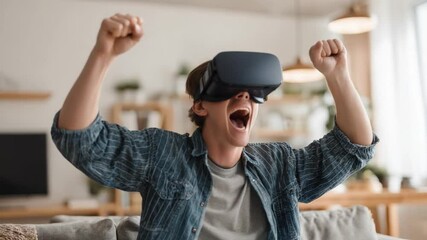 Poster - Immersed in Virtual Reality: A person fully engaged in the immersive experience of virtual reality, expressing visible excitement and joy through the technology.
