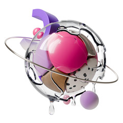 Fototapete - 3d Realistic Detailed Abstract Geometric Composition in Liquid Transparent Ball with Ring Around Rendered Illustration