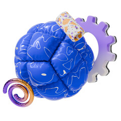 Fototapete - 3d Realistic Detailed Abstract Geometric Composition with Flying Shape Blue Ball, Gear and Spiral Rendered Illustration