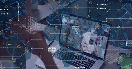 Poster - host opening business call, displaying nine colleagues while animating world map and network nodes