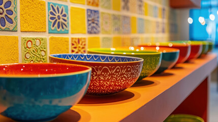 Poster - Colorful ceramic bowls displayed on a vibrant shelf against a bright patterned wall in a modern kitchen, highlighting design and home decor elements