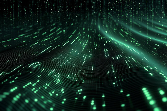 Futuristic digital wave effect with neon green highlights creates a sense of depth and movement in a mesmerizing technology landscape