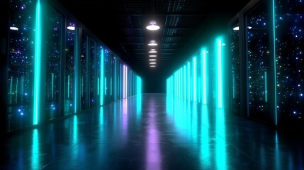 Poster - Illuminated corridor with neon lights and a futuristic atmosphere in a tech environment at night