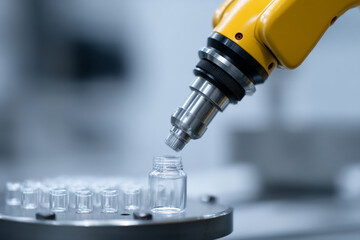 Poster - Robotic arm handling glass vial in laboratory, precision automation, advanced technology, sterile environment