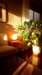 Poster - Sunlit living room with a vibrant plant and cozy furniture in a modern space during the evening hours