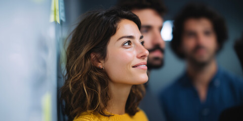 Poster - Young woman smiling in modern office, brainstorming with colleagues, teamwork, creative planning, positive atmosphere