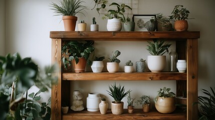 Poster - Indoor plant display on wooden shelf in cozy space featuring various pots and greenery