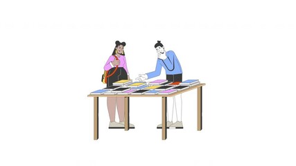 Poster - Girl student backpack and man pointing at book table discussing preferences 2D characters animation. Bookstore library attendees diverse animated people cartoon 4K video isolated on white transparent