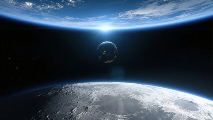 Wall Mural - View of Earth from Space with Moon in the Distance