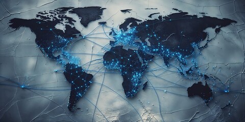 Poster - Global network connections illuminating countries and cities across the world at night