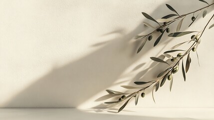 Poster - Olive branches with olives casting shadow on a plain background in a minimalist style photo