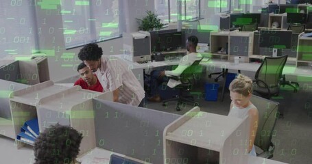 Poster - Binary code floating in tech office overlaying systems and merging data while coworkers working