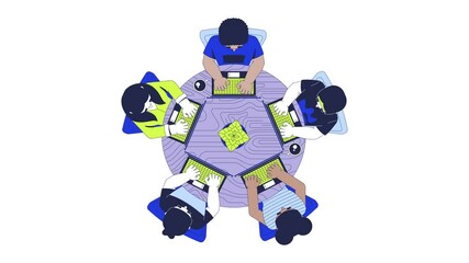 Fototapete - Hackathon programming group top view cartoon animation. IT school. Coding class. Code team. Diverse developers laptops around round table animated flat 2D characters 4K video isolated on white