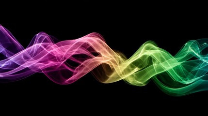 Poster - Vibrant smoke swirls in rainbow colors rising against a deep black background, creating dynamic, abstract patterns with glowing curves and smooth gradients for captivating visual impact.