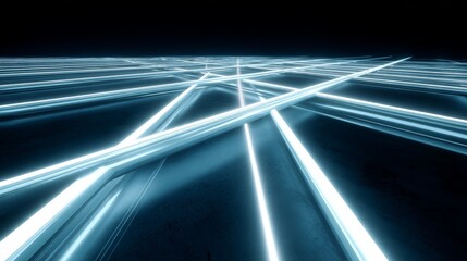 Poster - Futuristic glowing neon blue grid with pulsing light trails representing advanced cybersecurity technology in a sleek digital interface from a highangle view.