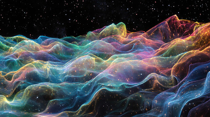 a colorful, swirling mass of light and dark blue waves. the colors are vibrant and the waves are con