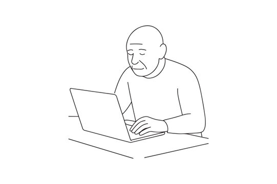 Elder at Desk with Laptop continuous one line drawing minimalism design
