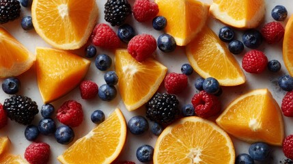 Aufkleber - Vibrant assortment of fresh citrus and berries arranged on a white surface emphasizing healthy and colorful fruit flavors.