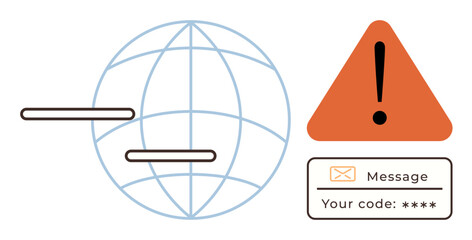Poster - Globe with two bars, orange warning triangle with exclamation mark, and email message highlighting code for verification. Ideal for cybersecurity, data privacy, authentication, communication, online