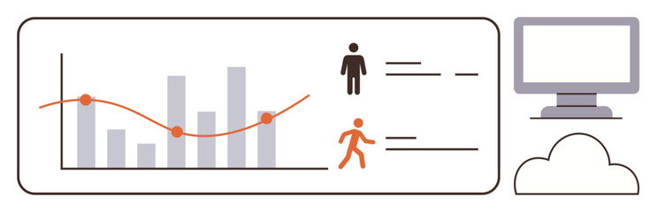 Poster - Bar and line graph, user icons, digital display screen, and cloud. Ideal for analytics, statistics, data management, digital trends research insights technology user behavior. Simple flat metaphor