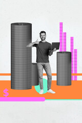 Poster - Poster magazine collage of work having make like sign use gadget stack coin on pastel color background