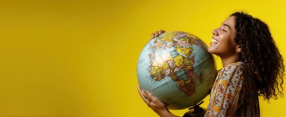 The smiling girl embracing the globe with joy and curiosity.