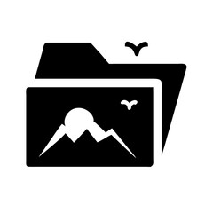 Poster - A folder icon contains images of mountains a sun and birds isolated on white background