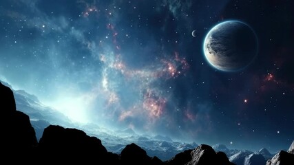 Wall Mural - a cosmic landscape with a distant planet and stars, viewed from a low angle. the style is cinematic,