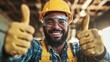 © svastix - A smiling construction worker wearing protective gear gives a thumbs up, radiating positivity and confidence, embodying hard work and dedication in a bustling environment.