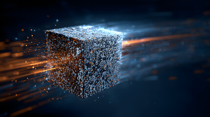 Poster - Hyper-Speed Cube: A dark, rough-textured cube zooms through a dark blue space, leaving a fiery trail. The cube seems to be made of dark, rough material, giving it a sense of power and mystery.