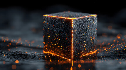 Poster - Glowing Obsidian Cube: An enigmatic obsidian cube, its edges glowing with intense orange light, sits on a dark reflective surface, surrounded by scattered sparks.