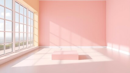 Canvas Print - minimalist pink room interior light pastel colors empty display platform sunlight window view