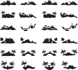 Poster - Collection of black silhouette landscape elements featuring mountains islands trees and palm trees perfect for design and decoration