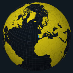 Poster - Portugal on Globe. Country view on the world map in Charcoal Bright Yellow color palette. Portugal shape on map. Globe with meridians, parallels, countries, rivers and lakes.