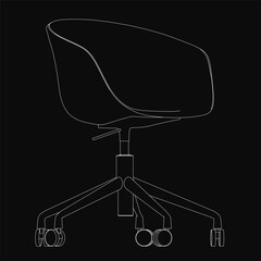 Fototapete - Black and white line drawing of a sleek modern office chair with curved backrest, armrests, and four wheels for mobility, isolated on a black background.