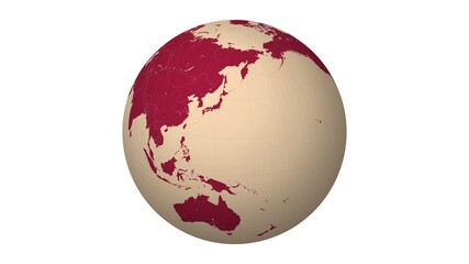 Poster - Spinning globe. Peach burgundy color palette. Planet rotation animation. World map with meridians, parallels, countries, rivers and lakes. Neat video.