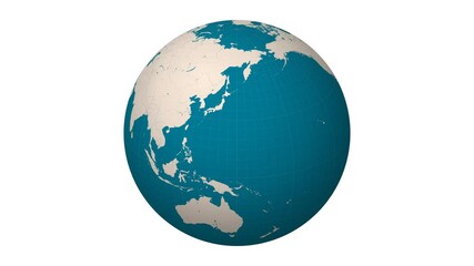 Poster - Spinning globe. Teal blue pale pink color palette. Planet rotation animation. World map with meridians, parallels, countries, rivers and lakes. Captivating video.