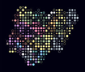 Poster - Nigeria, shape of the country built of colored cells. Digital style map of Nigeria on dark background. Large size circle blocks. Trending vector illustration.