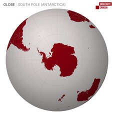 Poster - Vector globe centered on the South Pole (Antarctica). Snow white and crimson palette. World map with meridians, parallels, countries, rivers, and lakes. Appealing vector illustration.