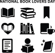 © MORIUM JANNAT - Black silhouette icon set for National Book Lovers Day. Solid black vector pictograms featuring open book, stack of books, reading glasses, bookmark, heart with book, library shelf, book and coffee cu
