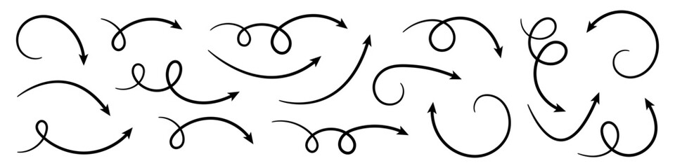Wall Mural - hand drawn curved arrows set. sketch style hand drawn arrows.