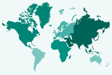 Poster - Map of the World. Just a simple border map with continent division. Teal color palette. Plain map with administrative division. Vector illustration.