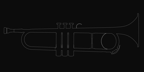 Poster - Contour drawing of a trumpet in bold black and white, featuring clean lines and elegant curves against a dark background. The minimalist design highlights the instrument's iconic shape with striking.