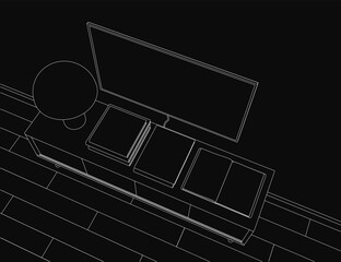 Fototapete - A black and white contour drawing of a laptop resting on a brick wall, with a monitor and various objects on a table nearby. The sketch features clean lines and a minimalist aesthetic.