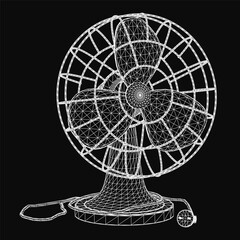 Poster - A 3D wireframe model of a desktop fan with realistic details, featuring a sleek black background for a modern aesthetic. The fan blades and base are clearly defined, creating a clean and professional.