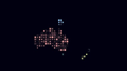 Poster - Oceania dotted animation. Shape of the continent built of pulsating colored dots. Large size square blocks. Digital style map on dark background. Beautiful video.