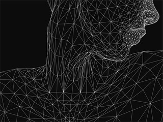 Poster - A black and white polygonal illustration of a man's face, constructed with geometric wireframe lines and triangular shapes. The abstract design features sharp angles and a futuristic aesthetic,.