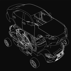 Poster - A black and white wireframe car illustration on a dark background features intricate details like headlights, grille, and wheels. The machine outline has a sleek, technical design with clean lines.