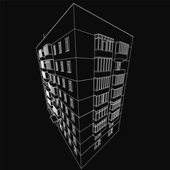 Poster - A black and white 3D model of a residential building featuring multiple windows and clean architectural lines, set against a dark background for contrast.